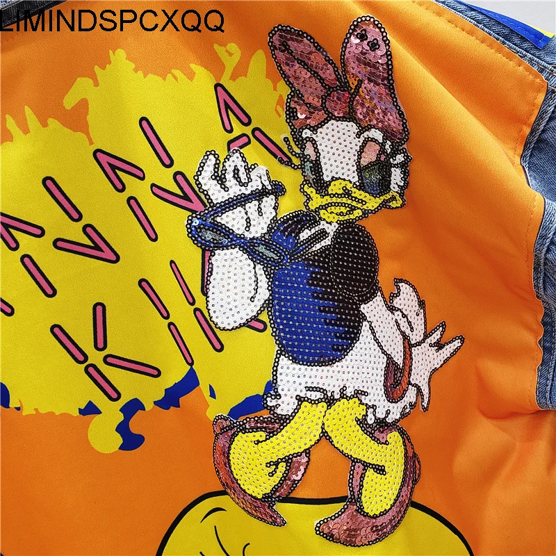 Женская джинсовая куртка с мультяшным принтом блестками длинным рукавом