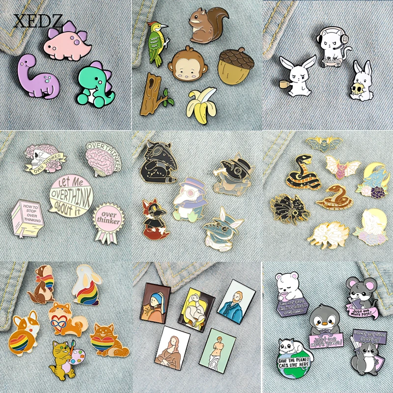 

XEDZ Famous Painting/Bottle Cap/Rabbit/Dinosaur/Text Cute Cat Pig Dog Animal Enamel Pin Set Collection Metal Badge Punk Clothes