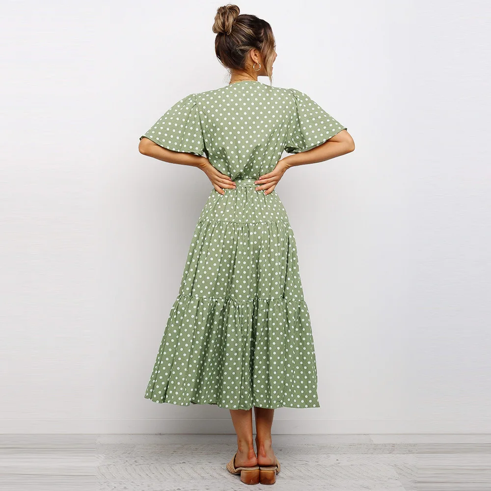 

2021 New Dot Butterfly Sleeve Summer Dress Women Office Lady Ruffles V-neck Lace Up Mid-calf Dress