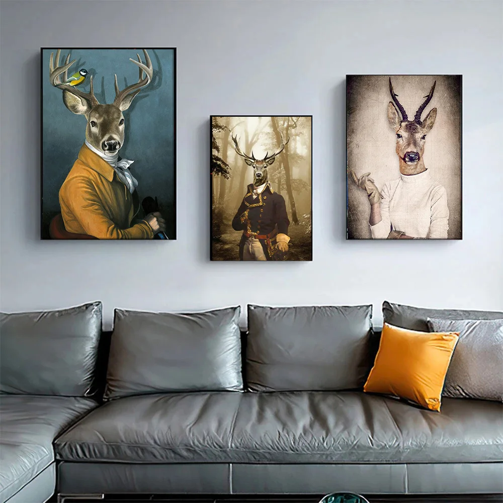 

Абстрактные картины на холсте с оленем в костюме, художественные плакаты и настенные художественные принты, модные смешные картины с живот...
