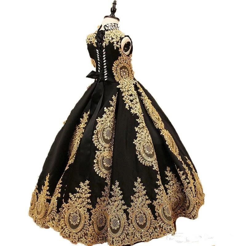 

Luxurious Black And Gold Lace Flower Girls Dress High neck With Corset Back Crystal Designer Girl First Communion Pageant Gown
