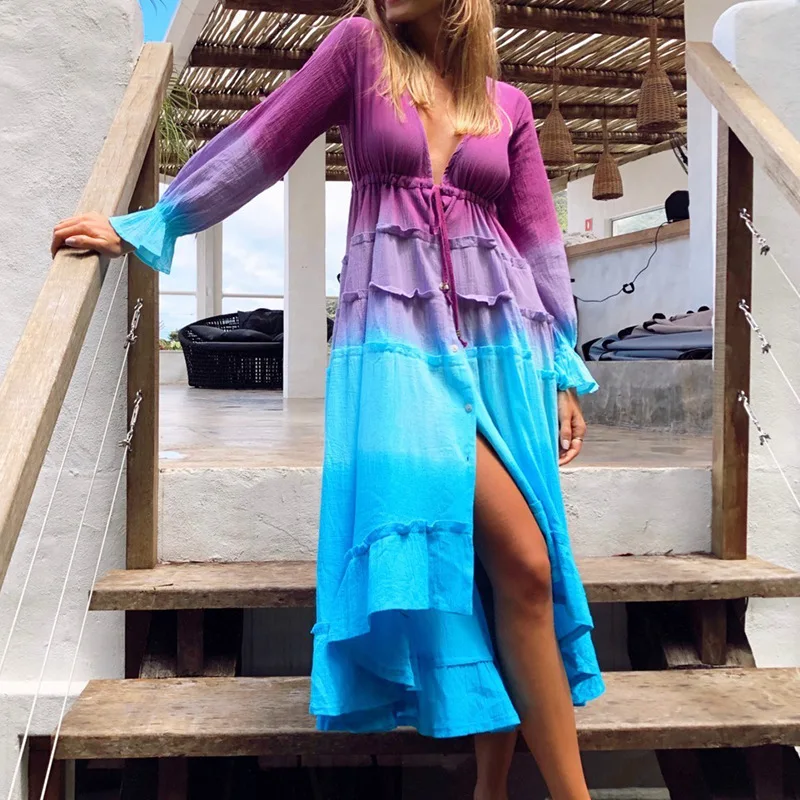 

Women's 2021 New Fashion Sexy Waist Waist Color Matching Tie-dye Gradient Long-sleeved Deep V Lotus Leaf Lace Beach Dress Women