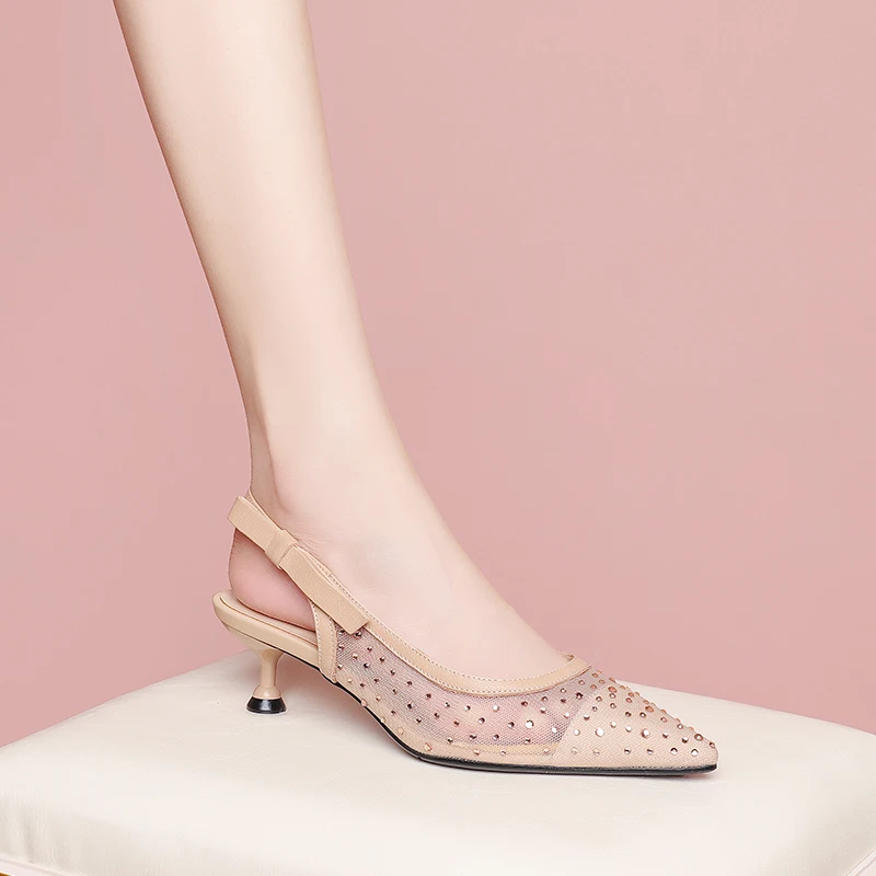 

2021 Summer New Women's Shoes High-quality Cowhide Shoes 4.5 Cm High-heeled Sandals Rhinestone Decoration Banquet Shoes 34-39