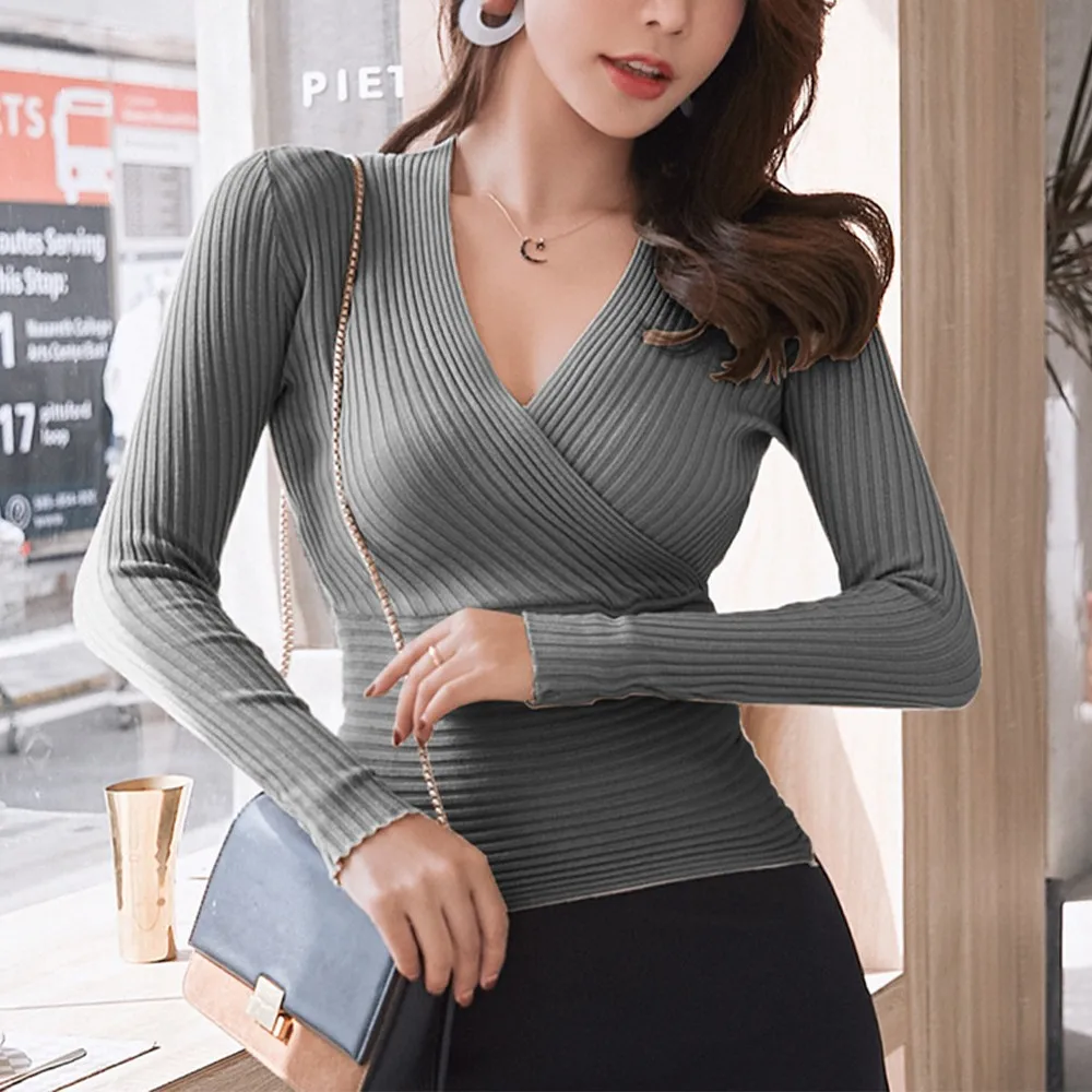 

Women Sexy Casual Deep V Neck Sweater Slim Pullover Stretch Long Sleeve Tops Women Slim Casual Cotton Long Sleeve Tops