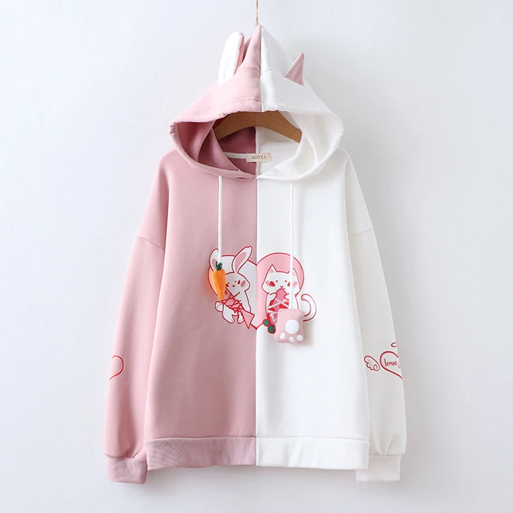Женская толстовка Kawaii с заячьими ушками и милым кроликом котом, милая Толстовка Harajuku, мягкий розовый пуловер с аниме для девочек, спортивная одежда