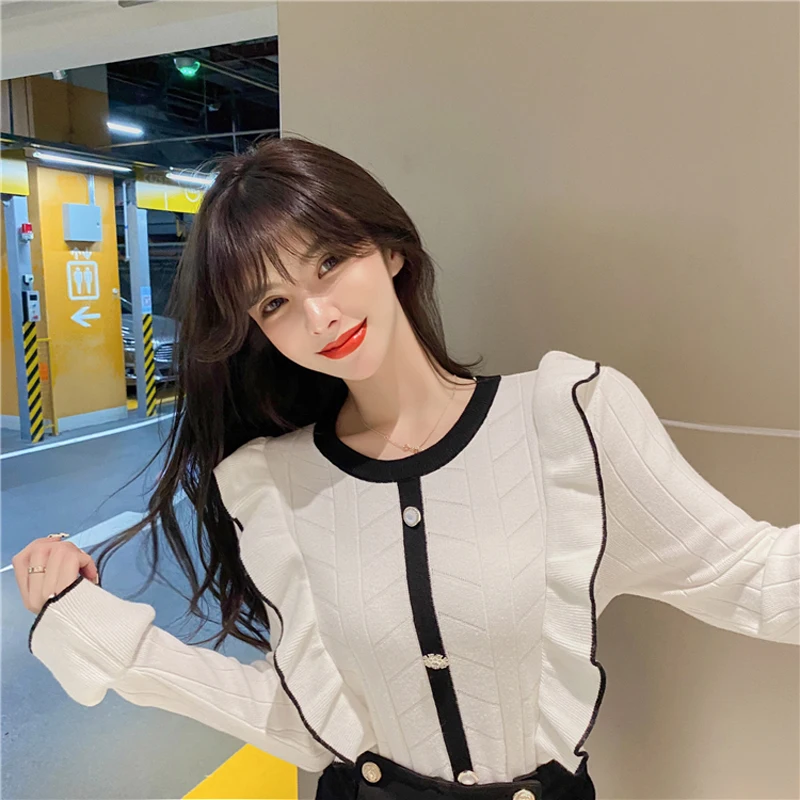 

JMPRS Elegant Ruffles Women Sweater Fashion Button Slim Winter Japan Knit Flare Sleeve Jumper Pullover Harajuku Casual Tops