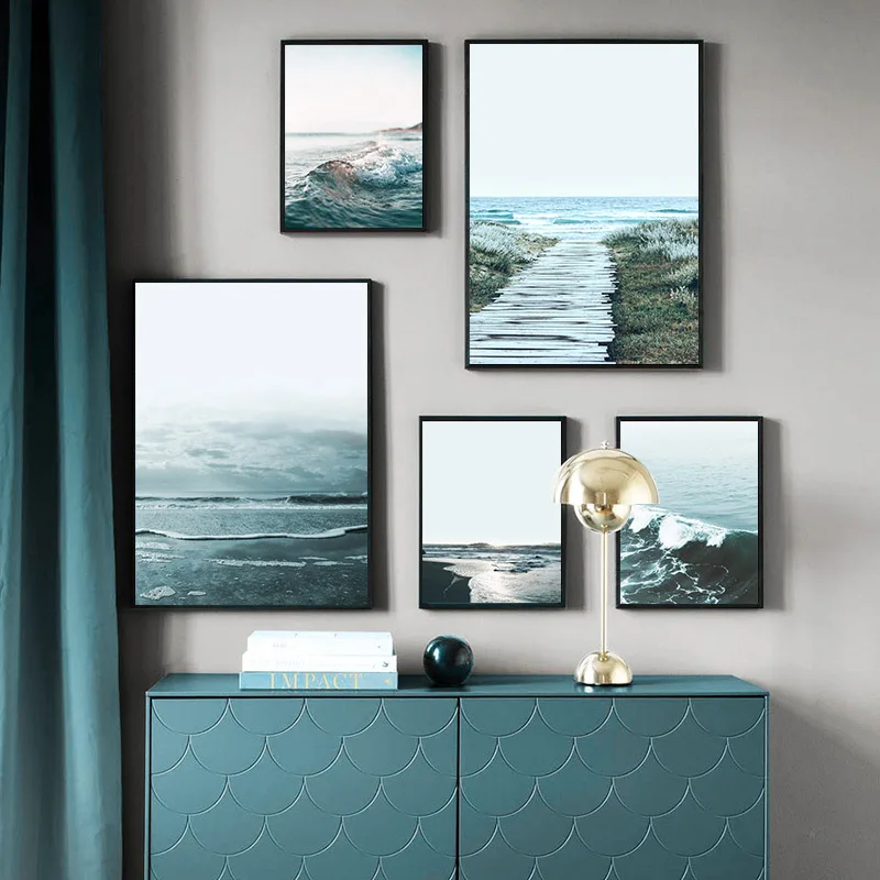 Скандинавский декор морской пляж волны Постер и печать настенное искусство