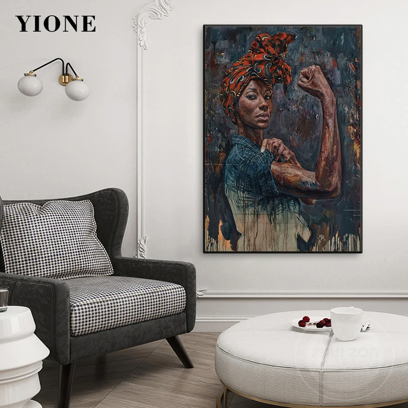 

African Power Girl Print Oil Painting Modern Portrait Strong Black Woman Canvas Picture for Living Room Wall Art Poster Decor