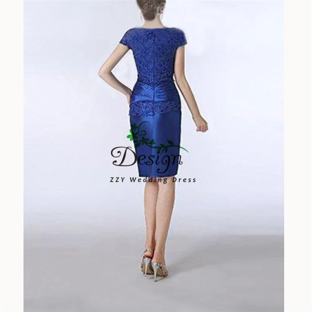 

Blue Satin Lace Crystals Beading Mother Of The Bride or Groom Dresses Sash Knee-Length Short Women's Dresses