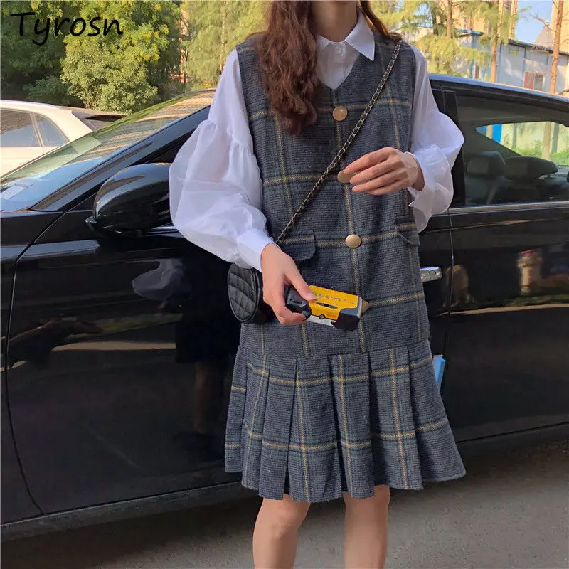 

Женские шерстяные платья без рукавов, плиссированные клетчатые студенческие платья с V-образным вырезом в японском стиле, милые универсаль...