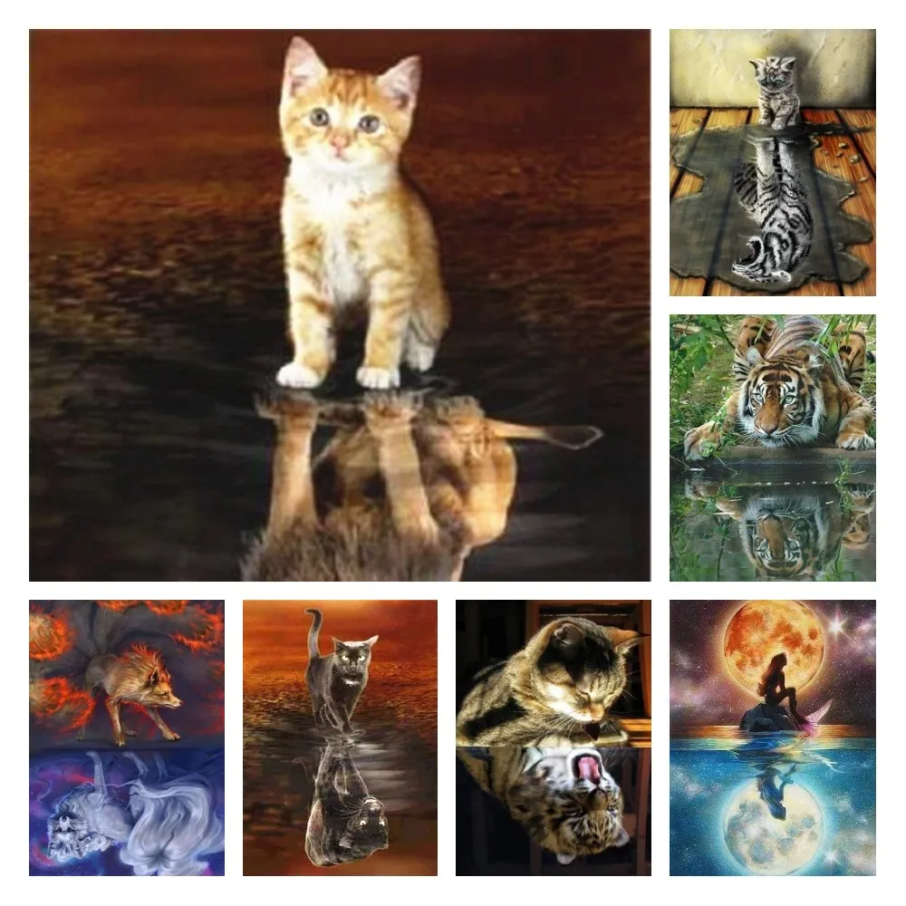 

5D DIY Diamond Painting Cross Stitch Full Round Diamond Embroidery Animals Reflection Pictures Of Rhinestones Mosaic Home Decor