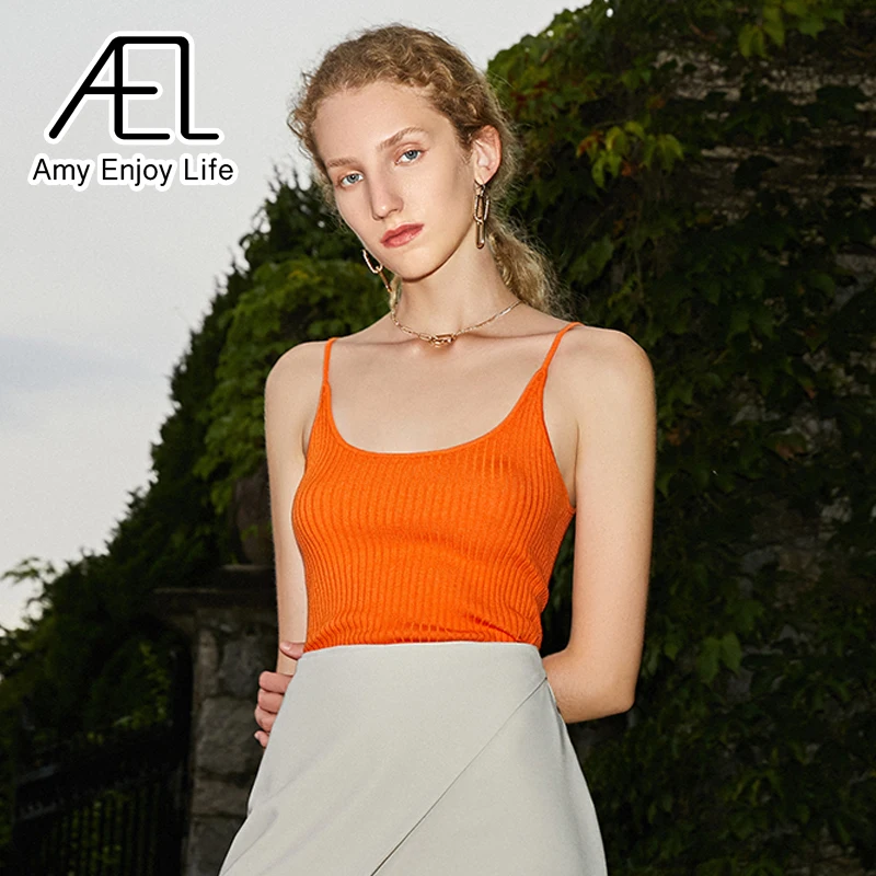

AEL Knitted Vest Woman O-Neck Sexy Slim Orange red Femme Sport Casual Tops