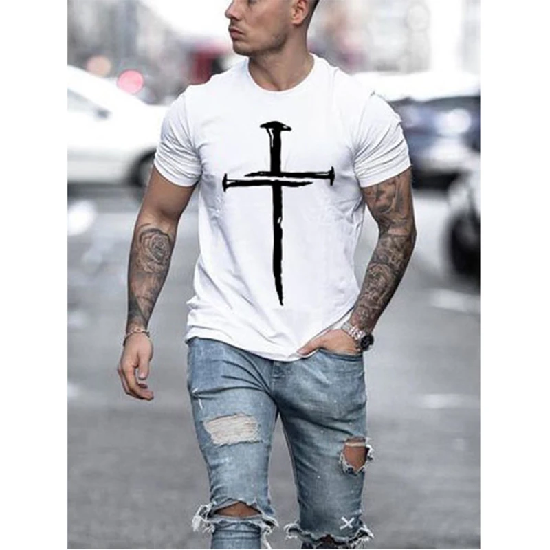 

New Summer Cotton Men T-shirt Oversized Cross Print Sports Tshirt Short Sleeve Vintage T-shirt For Men O-Neck Pullover Tops