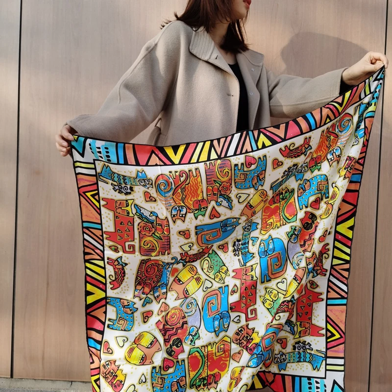 

Дизайнерский Шелковый атласный шарф с принтом животных, 90 ручных элементов, квадратный шарф тутового шелкопряда, роскошный шарф