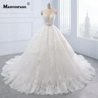 luxury cathedral train embroidery appliques tulle bridal ball gown elegant illusion o neck sleeveless button back wedding dress