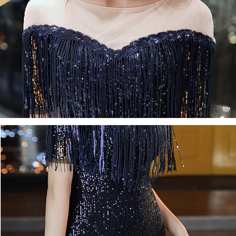 

Evening Dresses Gradient Navy Blue Sequins Beading O-neck Illusion Short Sleeves Zipper Back Straight Formal Dress Women R1568
