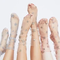 kawaii girl glitter stars mesh socks womens transparent sheer ankle socks women thin soft shiny stars moon socks