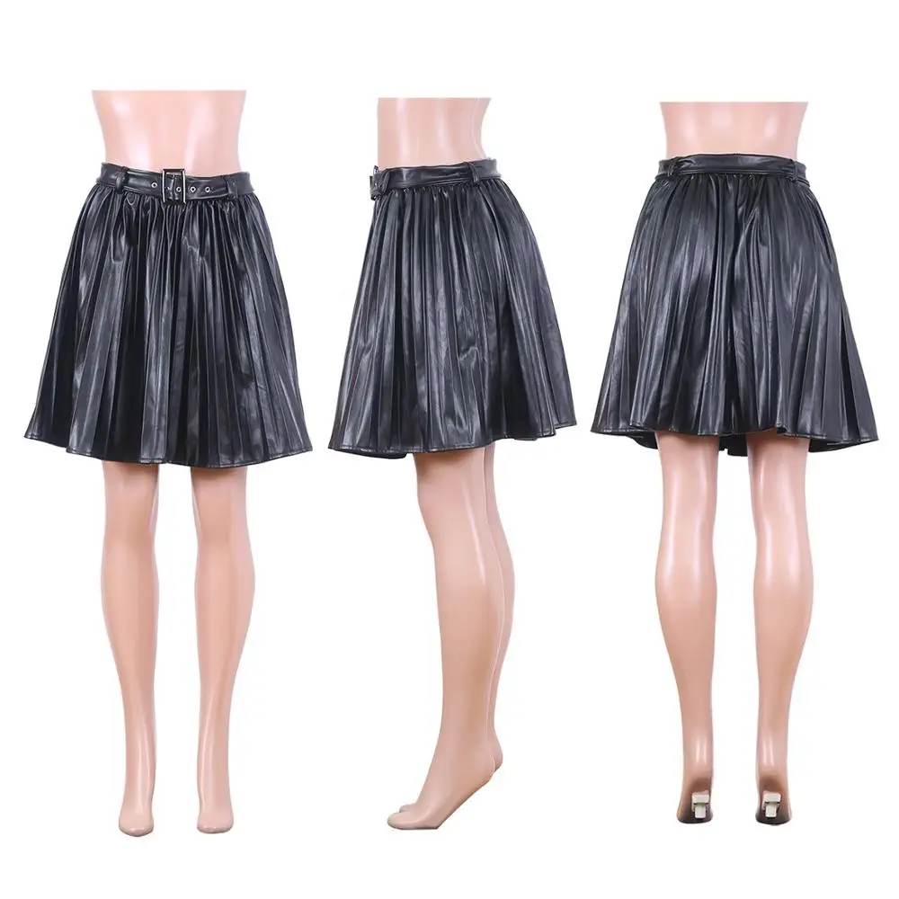 

Sexy Leather Club Black Pleated Skirt Women Solid Sashes Pu A-Line Casual Short Dress Plus Size Fall Dresses Female Skirts 2019
