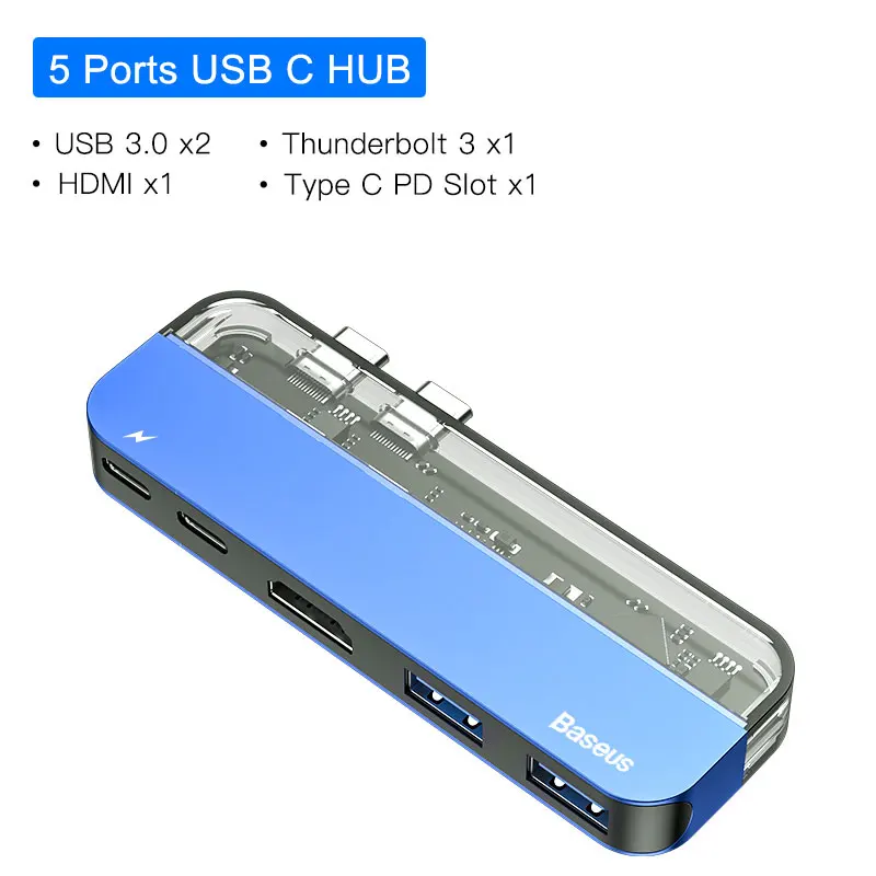 Blue 5 in 1 USB HUB Baseus Dual Тип-C 7in1 USB 3,0 Тип C концентратор HDMI RJ45 адаптер для MacBook Pro OTG usb-хаб 3,0 PC компьютерных аксессуаров - Цвет: Blue 5 in 1 USB HUB