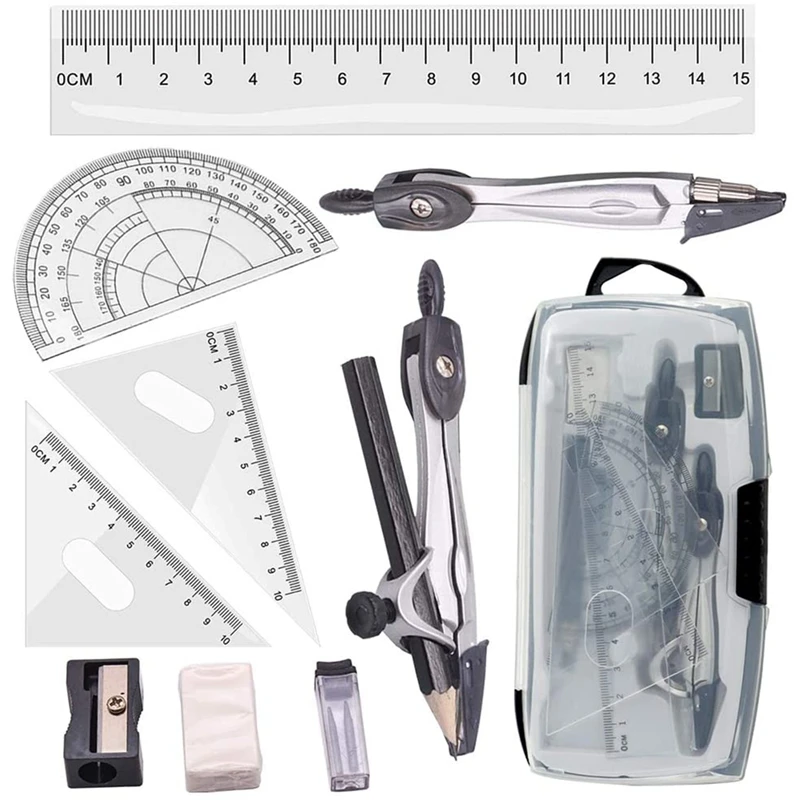 

Geometry Compass Set 10Pcs School Maths Protractor Set Rulers for Student Maths and Engineering in Carry Case