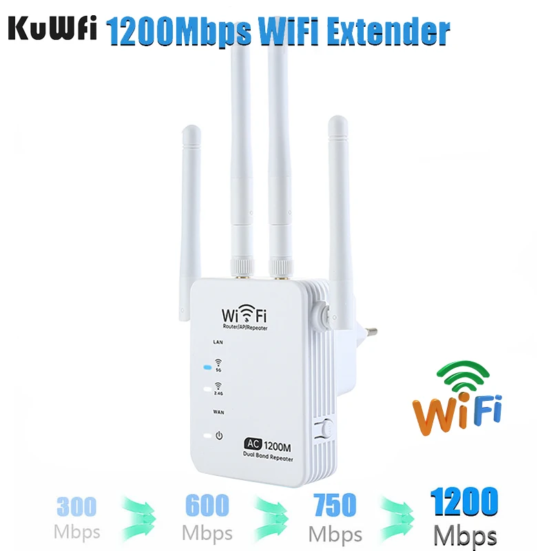 

KuWFi 2.G/5G WiFi Repeater 1200Mbps Wireless Router WiFi Extender Wi-Fi Signal Amplifier With 4 Dual External Antennas