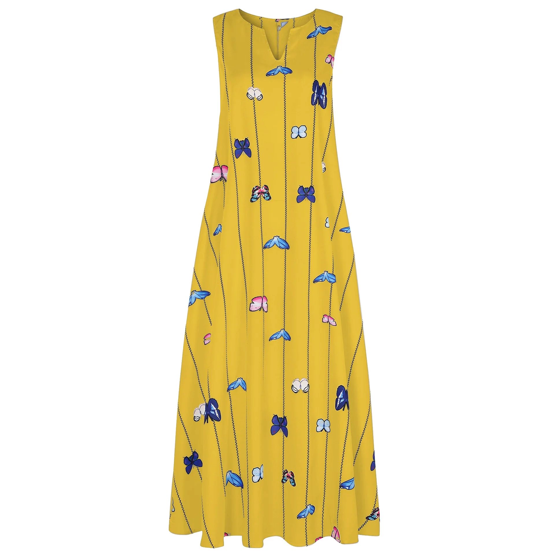 

2021 Summer Fashion Women's Dress Temperament Casual Bohemian Butterfly Digital Printed V-Neck Sleeveless Ladies Long Dress