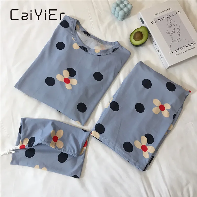 

CAIYIER 2021 Autumn Winter Women Pajamas Set Cute Flowers Print Cartoon Casual Sleepwear Ladies Leisure Girls Receive Bag Suit