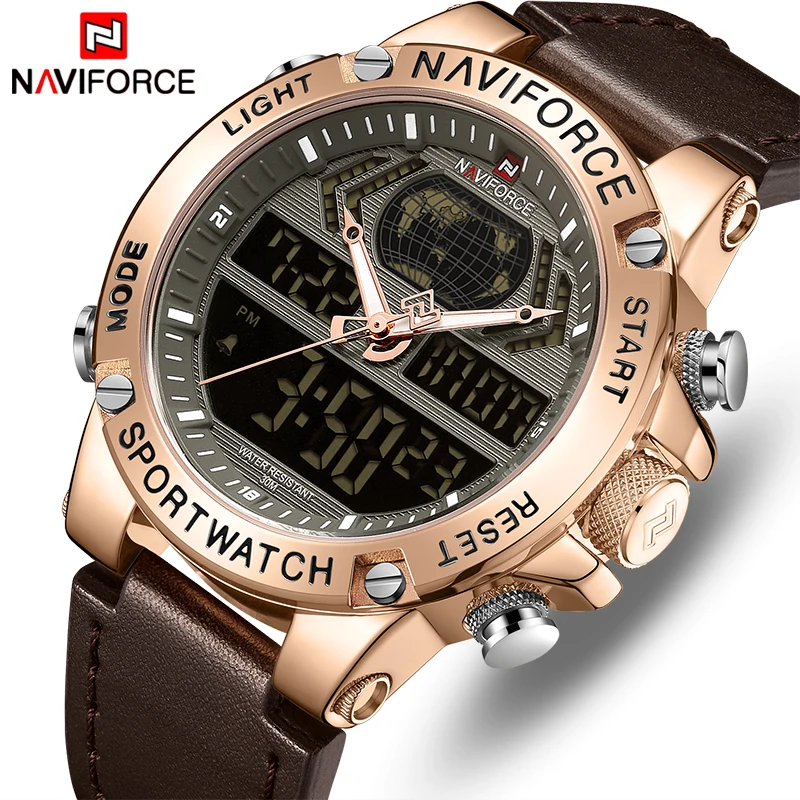 Лидирующий бренд NAVIFORCE мужские часы с двойным дисплеем модные кожаные аналоговые