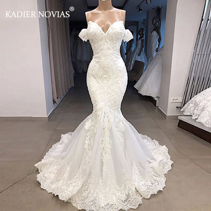 

Long White Lace Mermaid Wedding Dresses 2020 Off the ShoulderTrumpet Bride Wedding Gowns