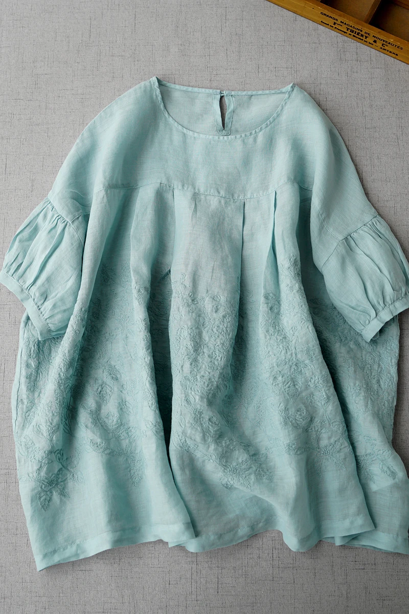 

Summer Women Ultra Loose Mori Girls Exquisite Embroidery Comfortable Water Washed Thin Semi-sheer Ramie Pullover Shirts/Blouses