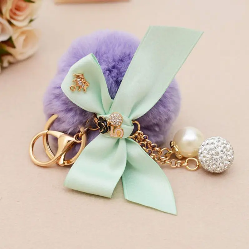 Бантом меховой помпон брелок для ключей мех кролика с мячиком цепочки брелки Porte