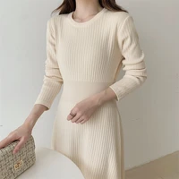 elegant womens round neck knitting sweater inside base dress 2021 autumn winter new one piece ladies casual long sweater dress