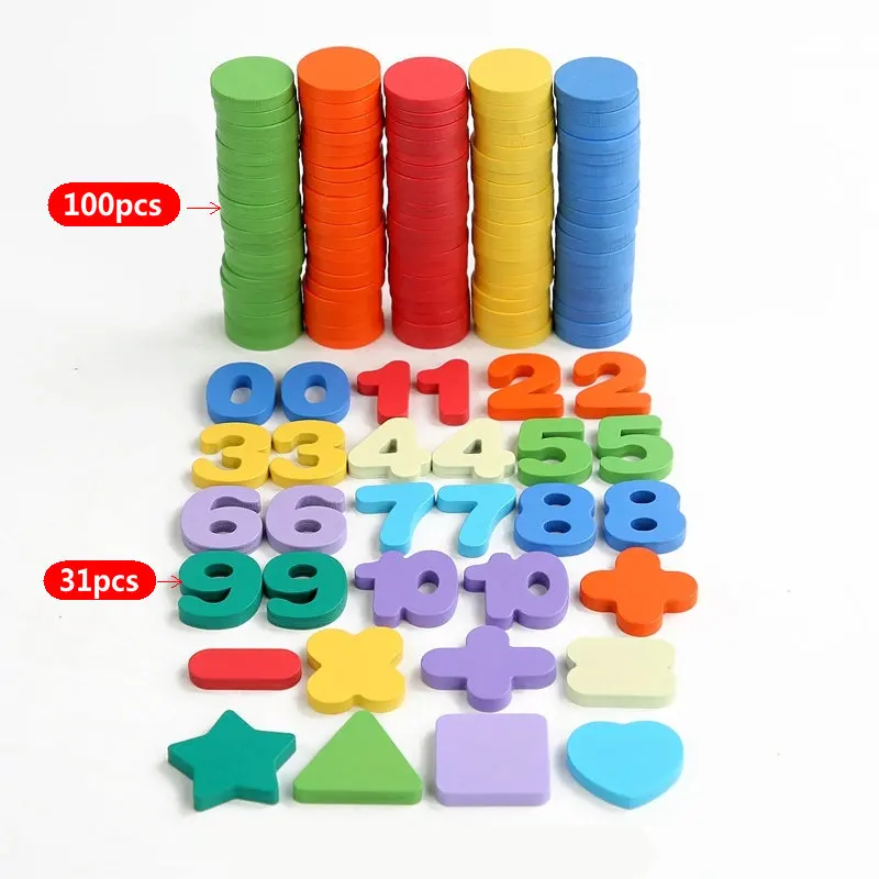 

Children Simple Digital Addition and Subtraction Arithmetic Wafer Wood Block 100pcs Montessori Aids Baby Puzzles Educational Toy