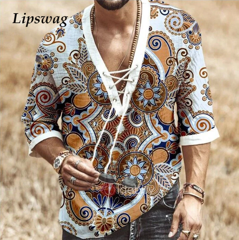 Мужская винтажная рубашка с V образным вырезом осень 2020 модные топы цветочным