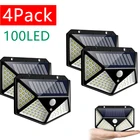 Уличный настенный светильник на солнечной батарее, водонепроницаемый фонарь с пассивным ИК датчиком движения, 3 режима, 4 шт., 100 светодиодов