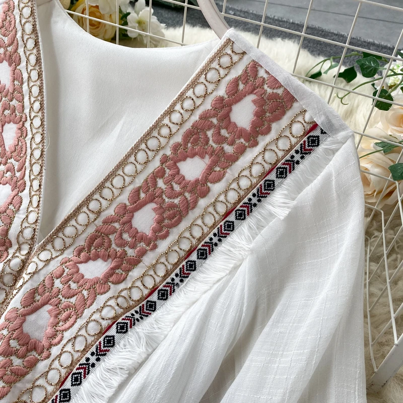 Винтажное длинное платье из хлопка с цветочной вышивкой Элегантные Осенние