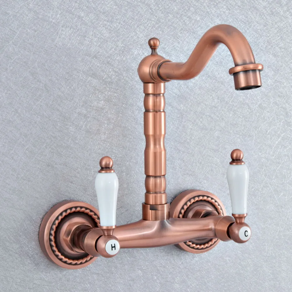 

Antique Red Copper Brass Wall Mounted Kitchen Wet Bar Bathroom Sink Faucet Swivel Spout Mixer Tap Dual Ceramic Handles asf883