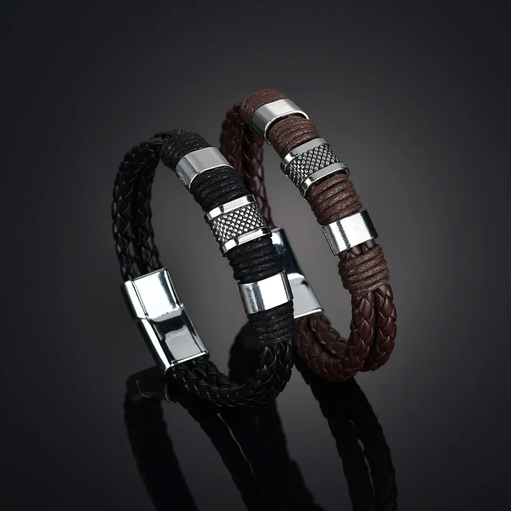 

LOOKER Braided Leather Bracelet Men Stainless Steel Magnetic Clasp Trendy Men Bracelet Woven Bangle Armband Pulsera Hombre