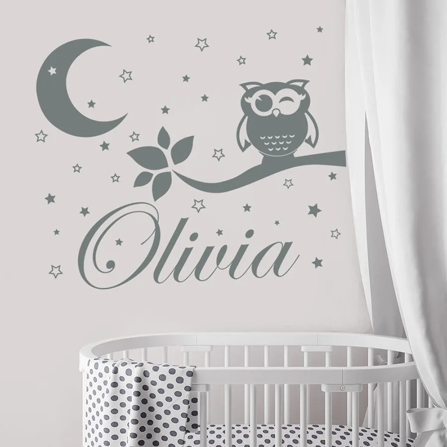 Custom Name Wall Decal Owl Moon And Star Vinyl Stickers Nursery Kids Girls Boys Bedroom Interior Decor Cartoon Mural M482 | Дом и сад