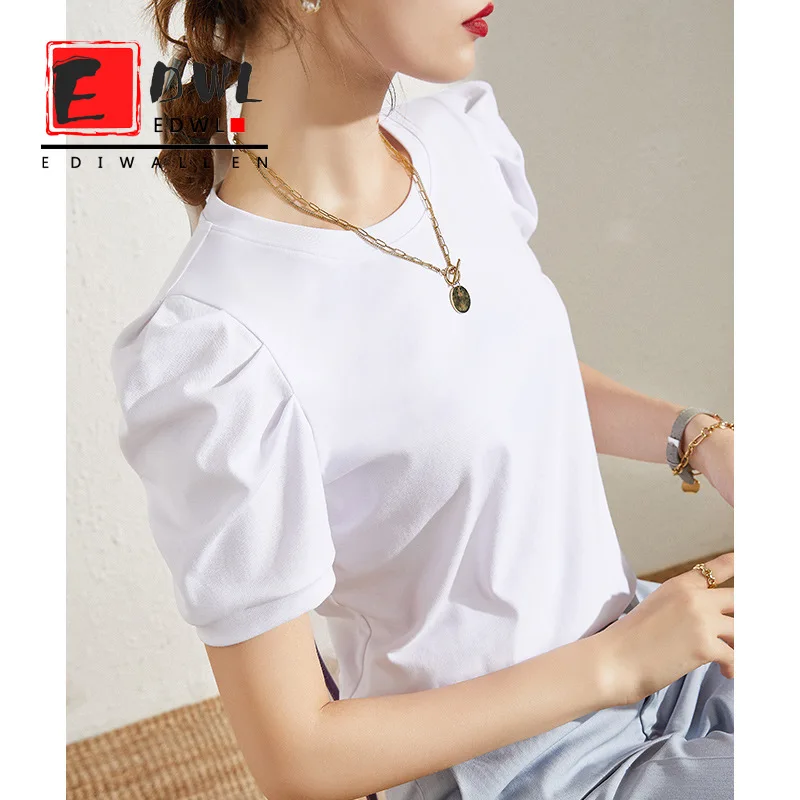 

Ediwallen White Short Sleeve T-shirt Women's Summer New Pure Half Sleeve Cotton T-shirt Pleated Bubble Sleeve Design Top
