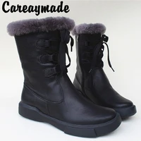 careaymade all cow leather pure wool non skid thick soled and large cotton boots with warm snowfield comfort boots in winter