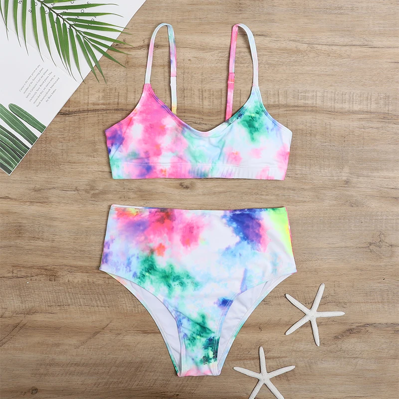 

Summer Bikini Set Swimwear Women 2021 Two Piece Colorful Print Tie Dye Backless High Waist Sling Monokini Bathing Suits Beach