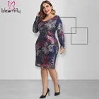 Платье-миди женское с блестками, длинным рукавом, V-образным вырезом и принтом листьев, размера плюс, 4XL, 5XL, 2020