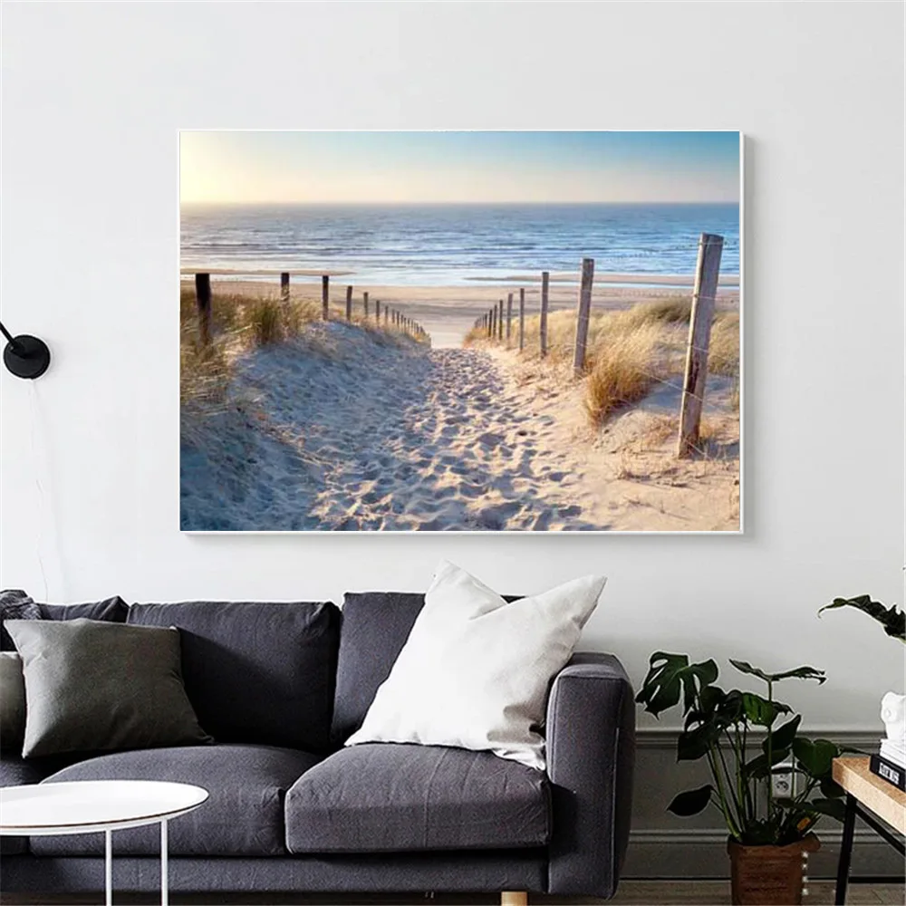 

Sunset Ocean Nordic Landscape Art Poster Dune Path Canvas Painting Sea Beach Prints Grass Wall Art Pictures Living Room Decor