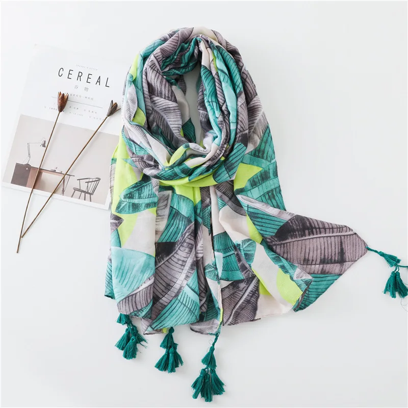 

Шарф для женщин летние шаль от солнца листья с бахромой из хлопка и льна шарфы светильник Вес из сетчатой ткани, для путешествий, декоративн...