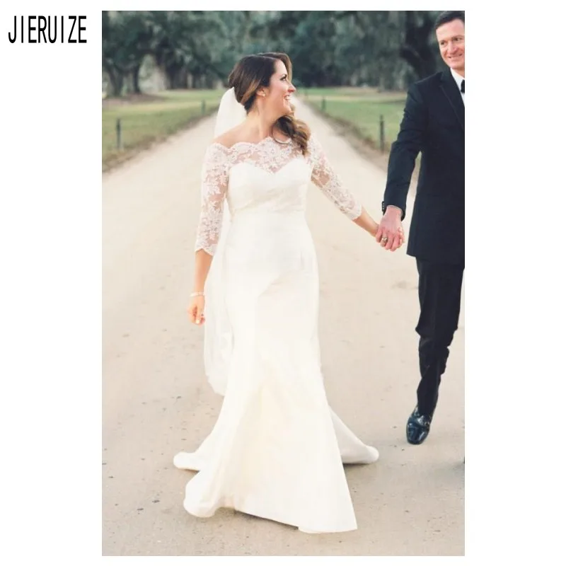

JERUIZE Vestido De Novia Lace Mermaid Wedding Dresses Off Shoulder 3/4 Sleeve Button Back Boho Country Wedding Gowns Bride Dress
