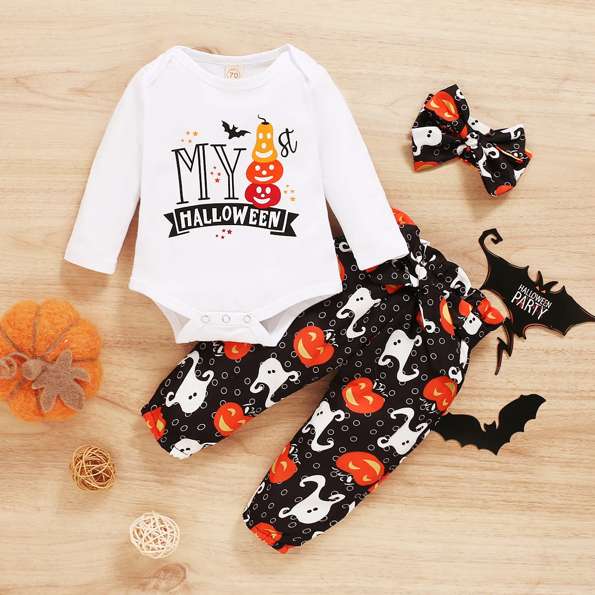 

2020 New Baby Girl Romper Christmas Pants Round Collar Long Sleeves Cartoon Ghost Printed Headband 3-Piece Clothes ropa de bebe
