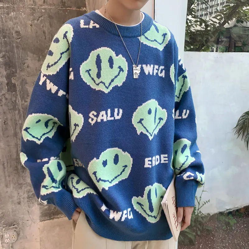 

New Spring Women Loose All-match Sweater Trend Printed Letters Cartoon Smiley Face Knitted Pullover Loose Jumper Tops Unisex