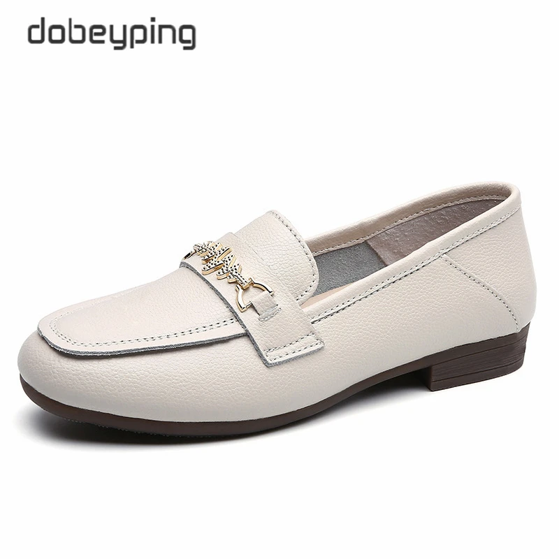 Spring Autumn Genuine Leather Shoes Woman Slip On Women's Flats Round Toe Female Loafers Soft Fashion Metal Outdoor Ladies Shoe