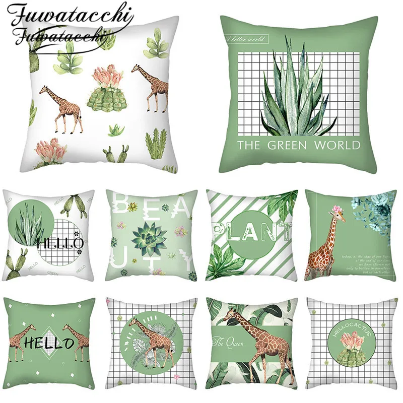 

Fuwatacchi Green Plaid Throw Pillowcases Succulent Plant Printed Cushion Cover for Home Sofa Car Decorative Pillow Cover 45x45cm